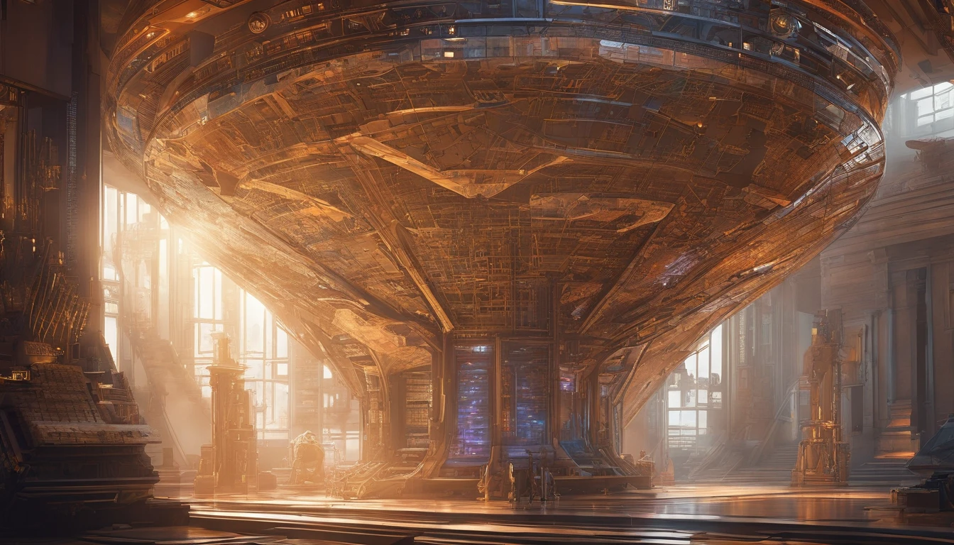 Sci-fi starship embodies biomechanical design, complex and detailed against the stark contrast of space, intricate beams and panels reflect an orange and beige palette, enveloped in a blur and haze that adds a mysterious ambiance, features illuminated by strategic lighting effects evoking drama, dark ambience, spacecraft designed in the manner of Ridley Scott, Mary Shelley, and James Cameron influences, includes an overlay of vintage da Vinci, Broken Glass effect, no background, stunning, something that even doesn't exist, mythical being, energy, molecular, textures, iridescent and luminescent scales, breathtaking beauty, pure perfection, divine presence, unforgettable, impressive, breathtaking beauty, Volumetric light, auras, rays, vivid colors reflects