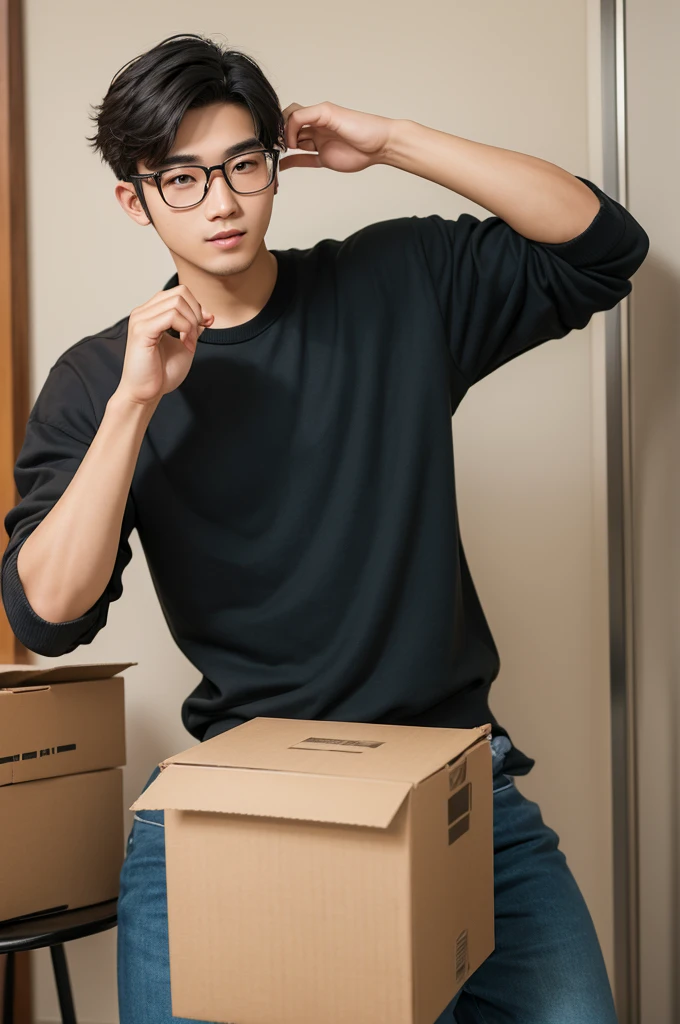 Handsome eighteen year old Asian man wearing glasses holding a box