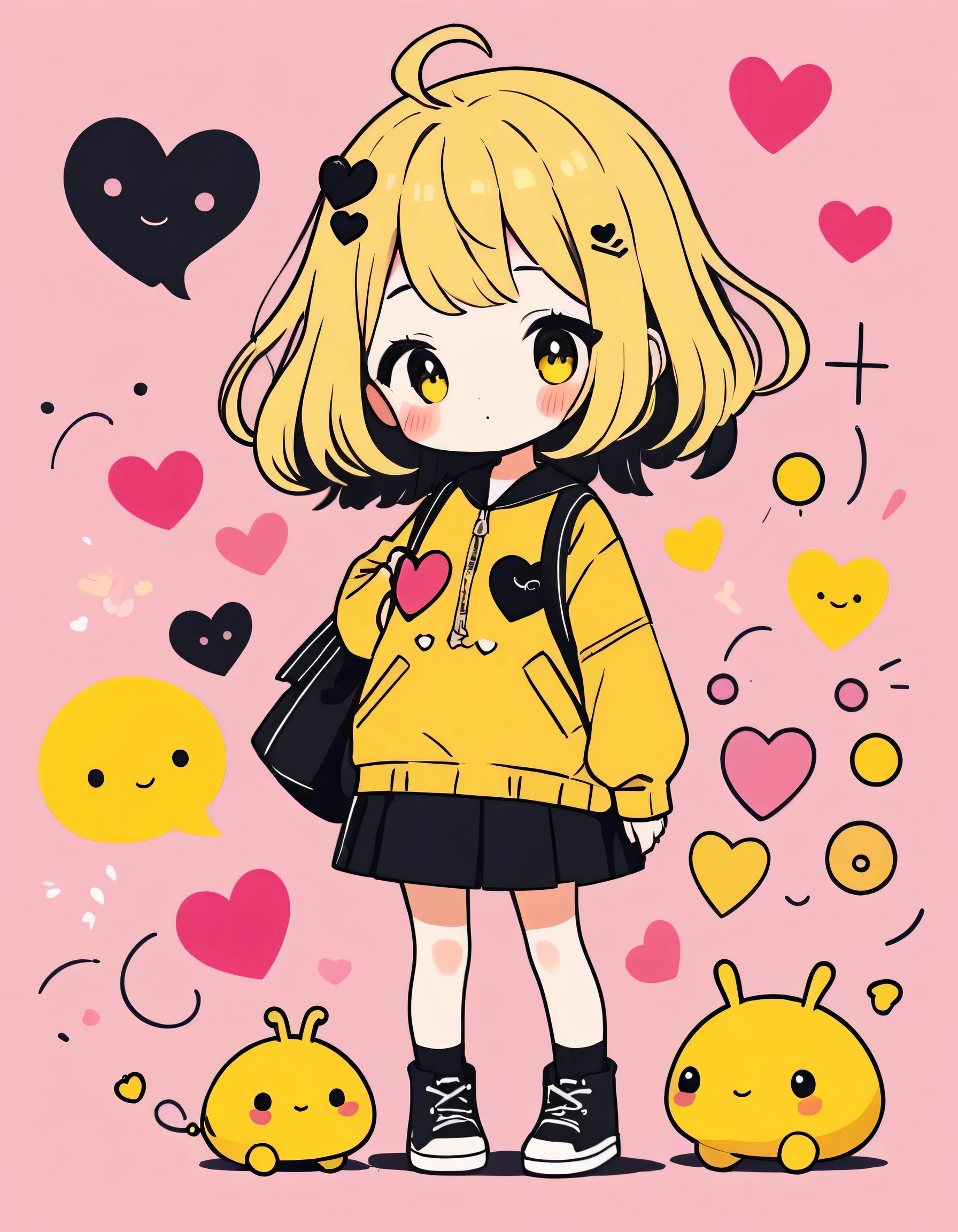 Momoko Sakura Yellow and black style, Simple Line Initialism，Abstract art，Kawaii Design, The most beautiful girl of all time、chibi, (((Cute pillbugs))), colorful hearts, summer version