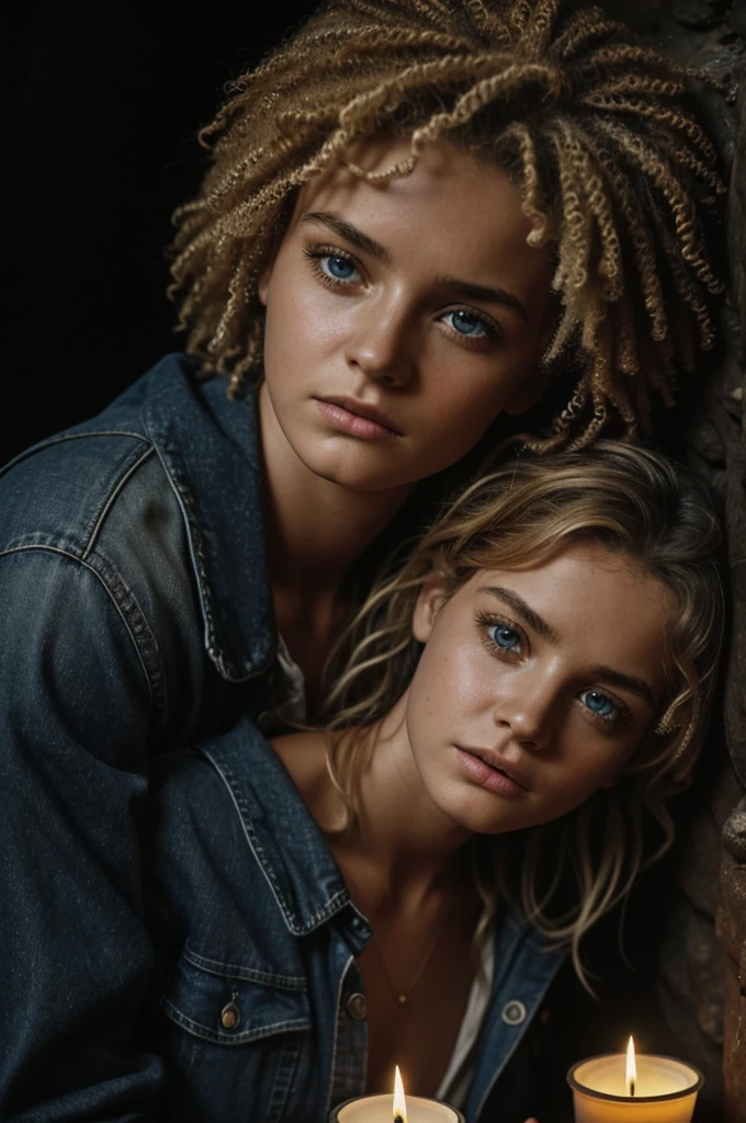 rompts Copy prompts photograph of a woman, (worried facial expression), textured skin, Goosebumps, afro blonde hair, plaid flannel shirt with distressed boyfriend jeans, cowboy shot, dark and mysterious cave with unique rock formations and hidden wonders, Perfect eyes, (candlelight,chiaroscuro), 160 color holder, shot on ARRI ALEXA 65, bokeh, sharp focus on the subject, shot by Don McCullin