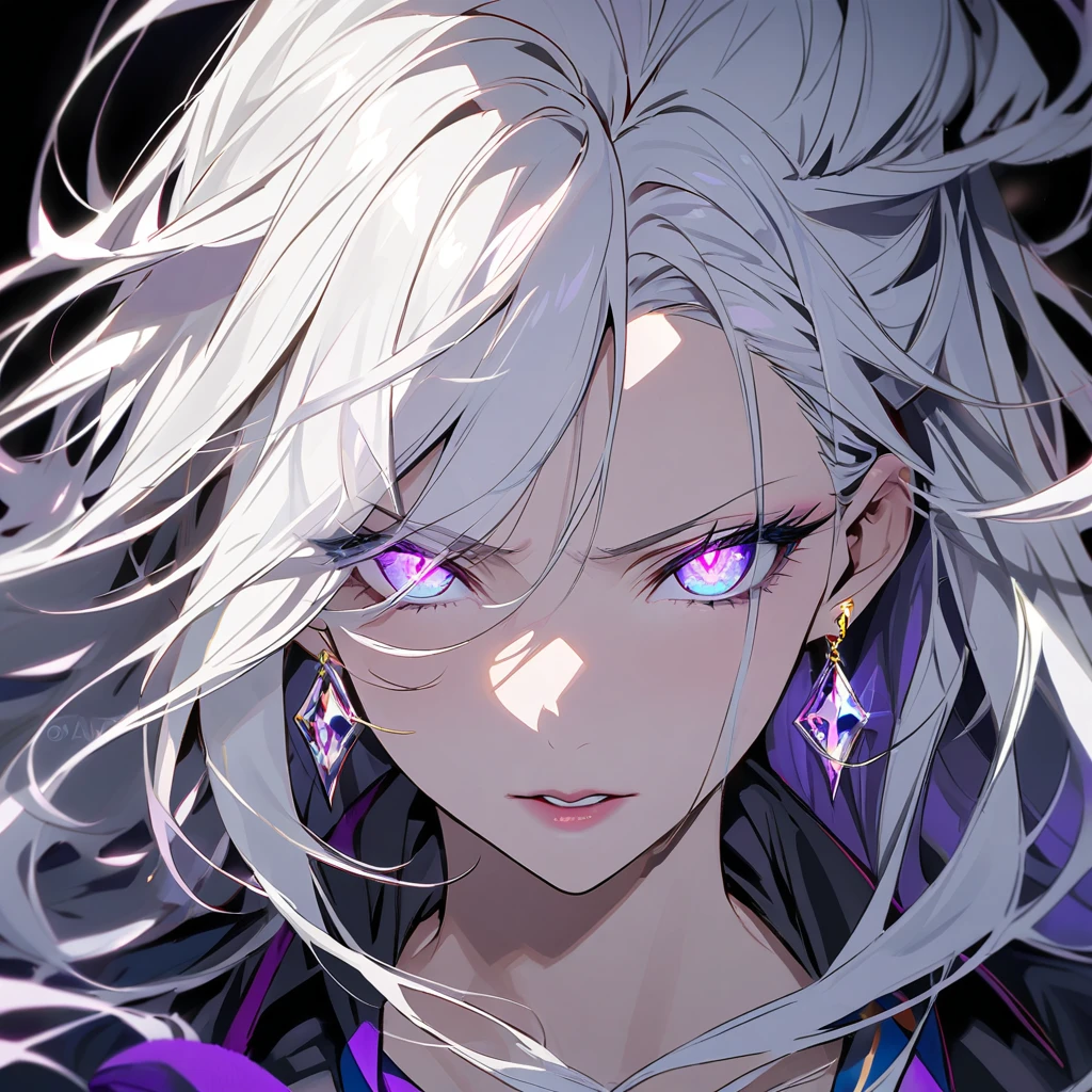 woman, blue eyes, long hair, white hair, mature, god eyes, diamond earings, glowing right eyes, two colors eyes, purple eyes, glowing eyes