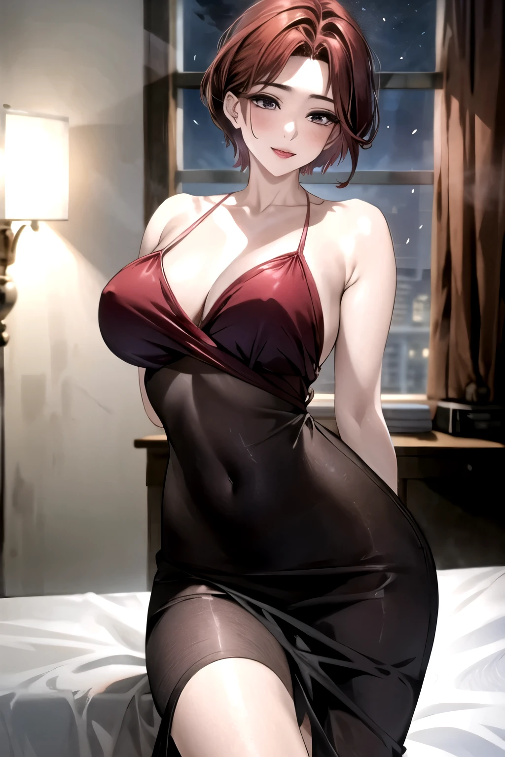 ((best quality)), ((masterpiece)), (detailed), milf, sexy red dress, hips up, หน้าอกใหญ่มาก, short hair cut, Red Hair, แสงแบบภาพยนต์, Sexy pose, on bed, night,