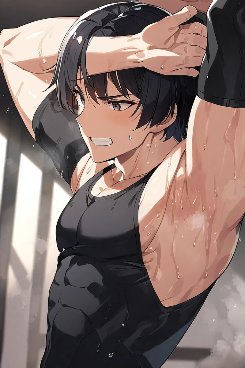 Sixpack anime guy in black tanktop, arms up, sweaty armpits
