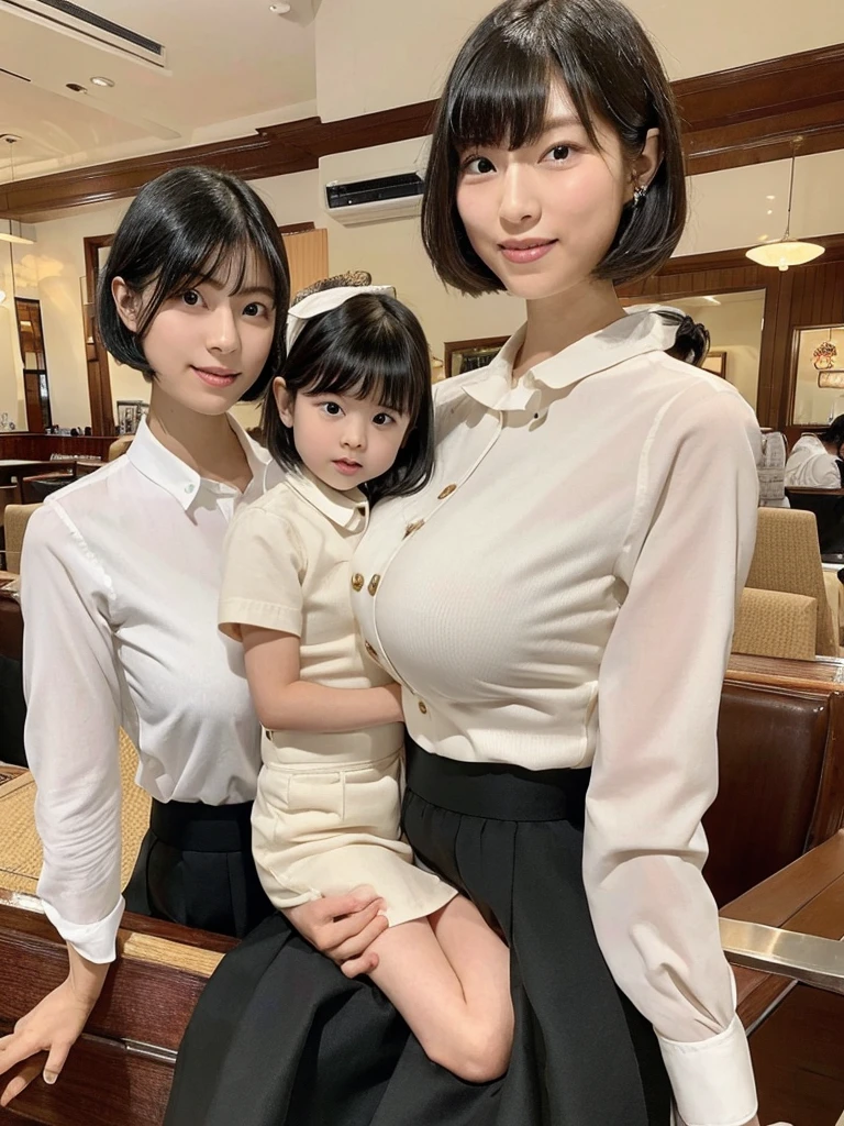 Highest quality、masterpiece、8k、Very detailed、Realistic、(One person:1.2)、Looking at me with a smile、whole body、Black Hair、Short Hair、Small face、Slender、(Very large breasts:1.2)、Thin and beautiful legs、narrow and constricted waist,、(Family Restaurant Uniforms:1.2)、A tight-fitting white shirt with buttons and a collar、A short, black, high-waisted skirt、(Nobody background)