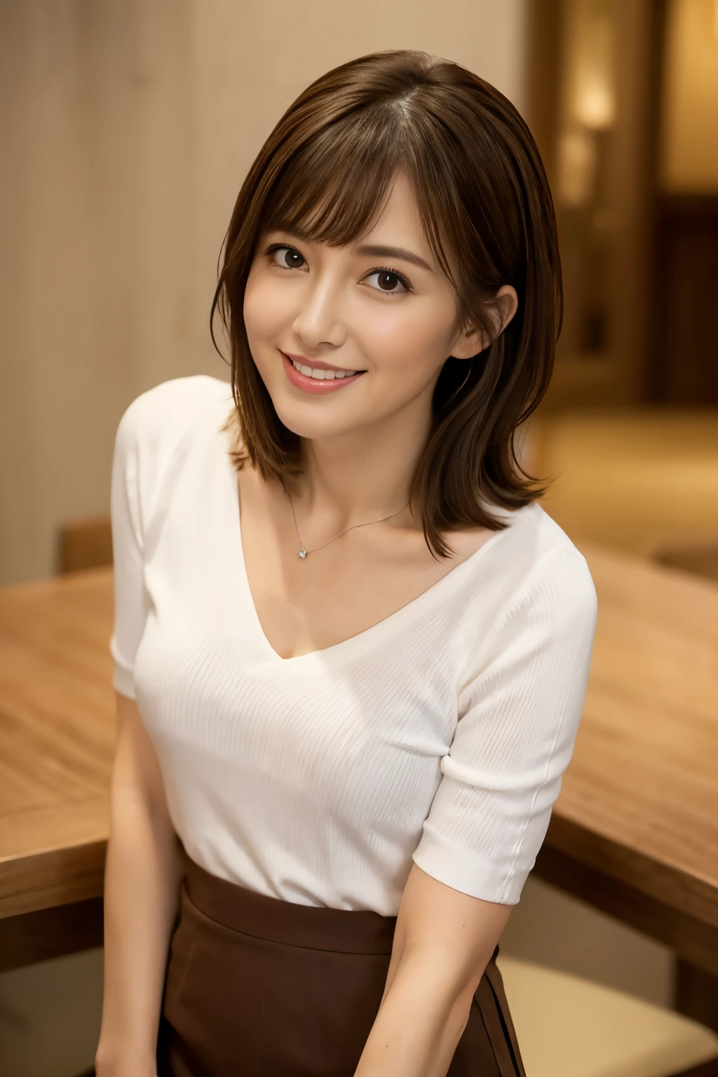 Realistic, Tabletop, Highest quality, RAW Photos, Face Focus, elegant, (One Woman), 28 years old, (A loose white V-neck knit), (Deep brown tight skirt), (Brown Hair), (bangs), (Straight hair), (short hair), (Look up at the camera), Beautiful Face, (Fearless Smile), (Shapely bust),Cleavage, Perfect Anatomy, Perfect balance, Detailed human body