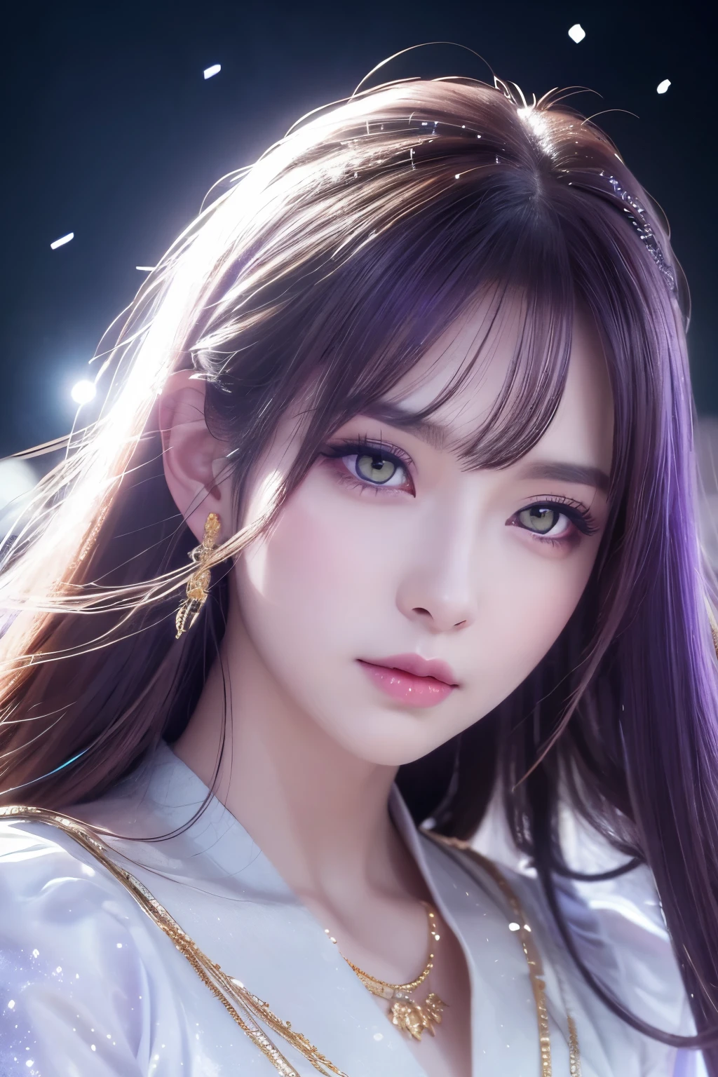 High resolution, Purple eyes, high quality,Golden Eyes, Widescreen, Sparkle Effect, movie light effect, movie, full moon、Sakura Snowstorm、Mysterious Gradation、cliff、Realistic White Wolf
