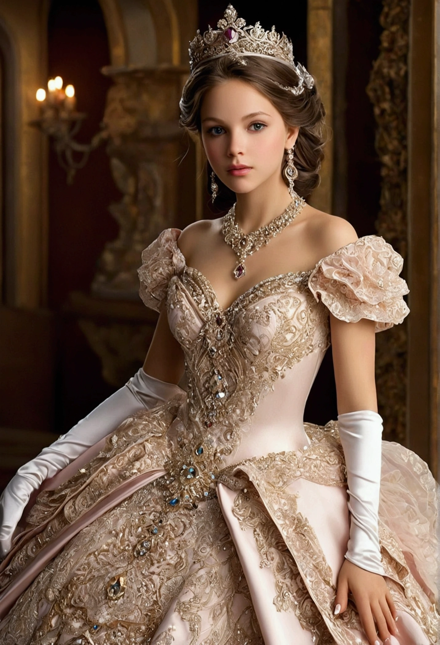 I would like an elaborate image with a gorgeous princess style theme.. Please include a central figure, a princess adorned in a luxurious dress with layers of ruffles and lace. The dress should feature intricate patterns and be adorned with sparkling gems and delicate beads.. She should wear a splendid crown., showcasing sparkling jewelry and intricate metalwork.