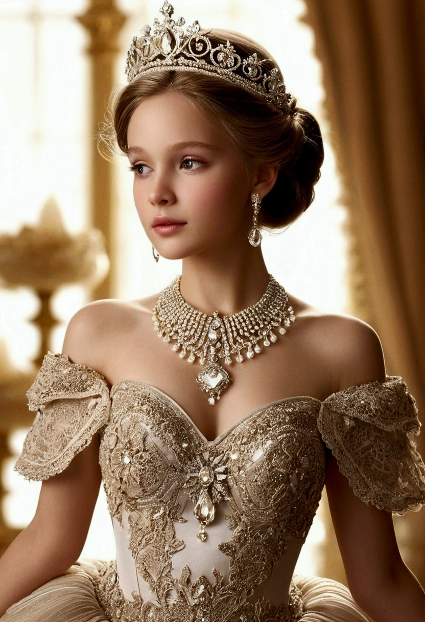 I would like an elaborate image with a gorgeous princess style theme.. Please include a central figure, a princess adorned in a luxurious dress with layers of ruffles and lace. The dress should feature intricate patterns and be adorned with sparkling gems and delicate beads.. She should wear a splendid crown., showcasing sparkling jewelry and intricate metalwork.