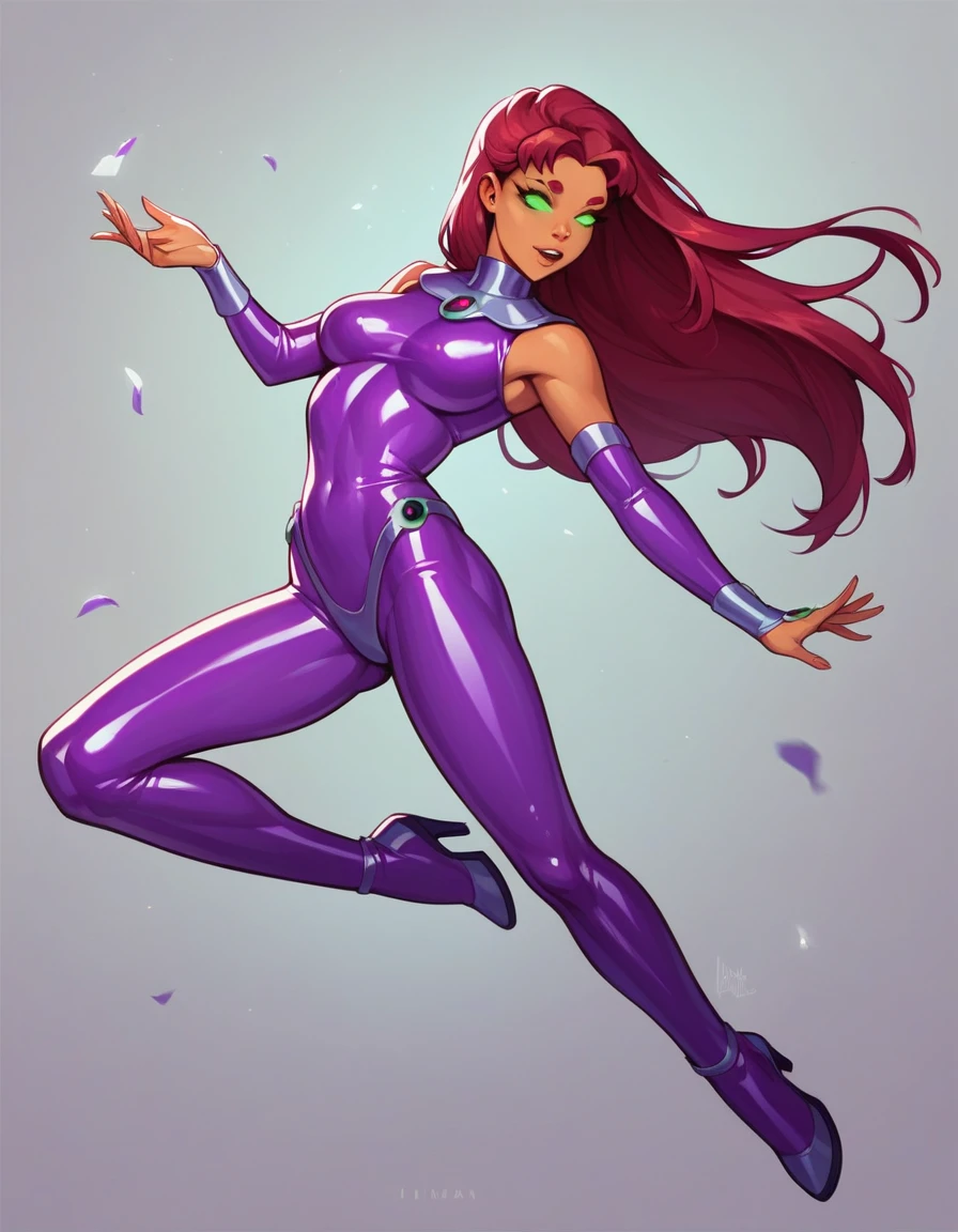 score_9, score_8_up, score_7_up, score_6_up, score_5_up, score_4_up, source_anime, starfire from teen titans, floating, wearing slutty purple latex outfit, hourglass figure,
