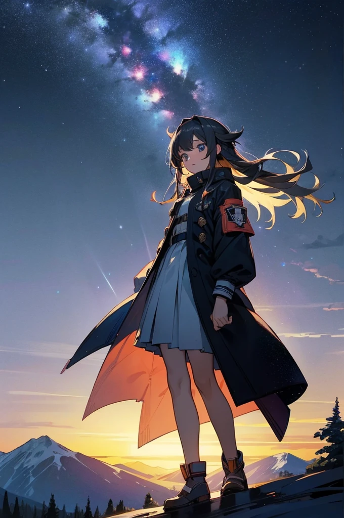 Beautiful girl, At the top of the mountain, Night view, Night Sky, Starry Sky, Asahi