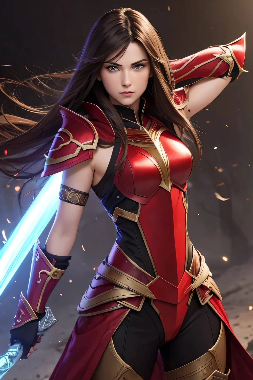 Adult human arcane warrior with straight dark brown hair with green eyes with a serious look wearing light red armor 