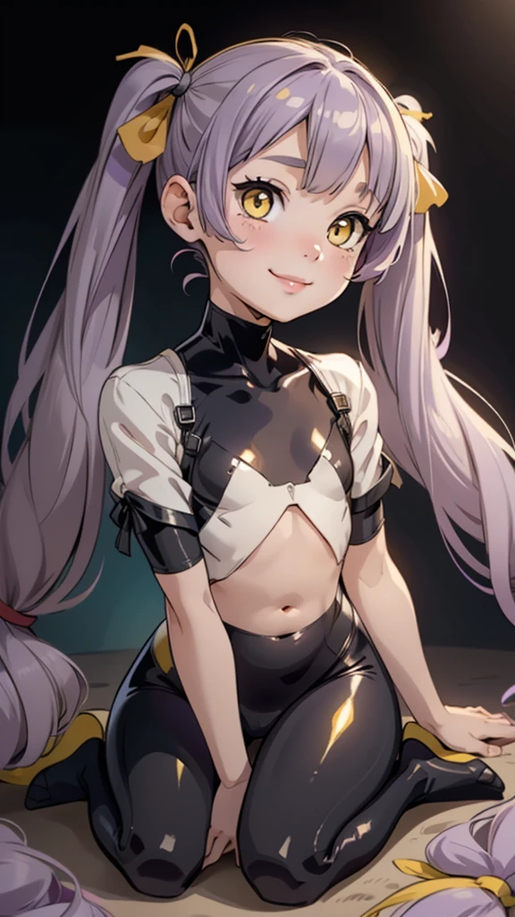 One girl,(((Young face))),((Short))、(((Round face)))、(((Yellow Eyes)))、(((Light purple hair)))、((Twin tails long enough to reach the ground))、(((long hair)))、(Black Ribbon),(smile),Red lips,Cute Face, Sitting,Wearing a full body suit,Black bodysuit,Shiny bodysuit ,Underbust, shirt, ((flat chest, Flat Stomach, Baby Face)), (Vibrant colors),Ogasawara Hisame