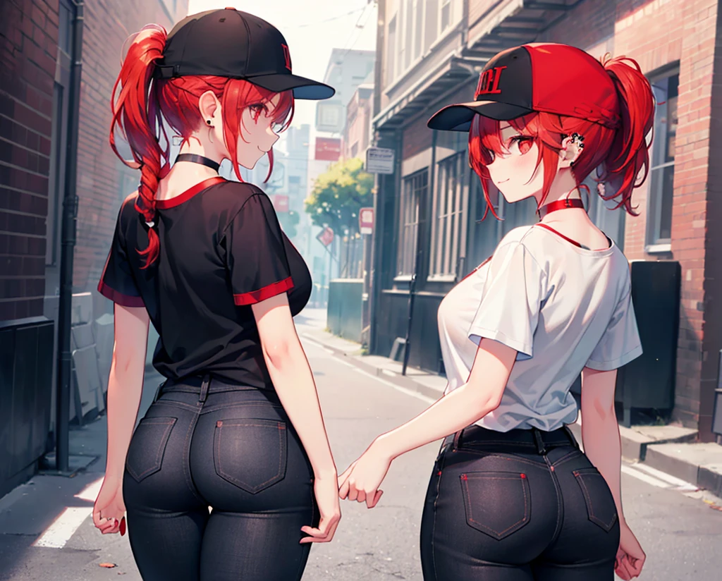 (Close-up:1.3),Realistic,Highest quality, Ultra Detail, High-quality CG rendering, The most delicate and beautiful, Floating softly, High resolution, (1 girl), (Highest quality,4K,8k,masterpiece:1.2),(All red hair:1.5), (ponytail:1.5),(Red eyes:1.5),(Slightly larger breasts:1.2), (Oversized black short sleeve t-shirt:1.3),(Black skinny jeans:1.3),(Black baseball cap:1.3),In the city,old buildings,Narrow back alley,(Turn your back to your audience:1.3),Butt,Are standing,smile,(Piercing in left ear:1.3),(Black choker:1.3)