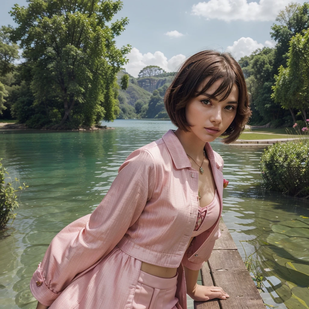 Generate me one of the most beautiful women in the world ,with a wonderful haircut,a very original and very detailed face, a magnificent pink outfit from the Prada brand as well as magnificent Prada jewelry all in a lake background