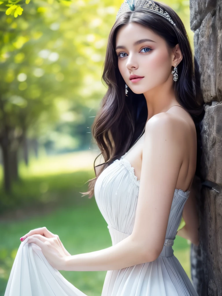 A beautiful young princess with dark hair and blue eyes, whole body, Soft skin texture,Soft and fluffy lips, Ultra high definition,High resolution,8k Raw Photo:1.5, She is wearing a beautiful long white dress, Elegant full-bodied, Fresh air, Soft sunshine, 