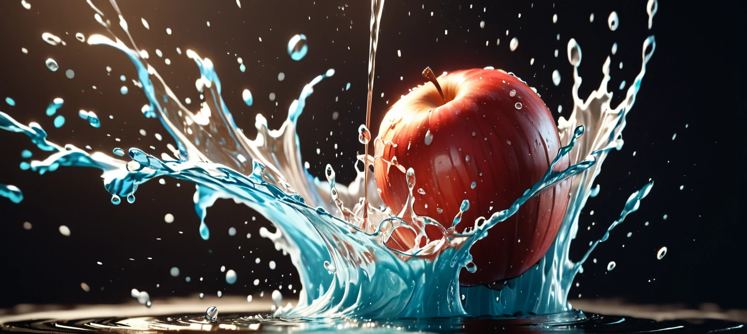 a close up of a red apple with water splashing off it, slow - mo high speed photography, high speed photography, super high speed photography, professional fruit photography, red apple, 4 k hd wallpapear, splashing, water splashing, super slowmotion, profile pic, simulation of water splashes, pouring, product photography 4 k, water particules