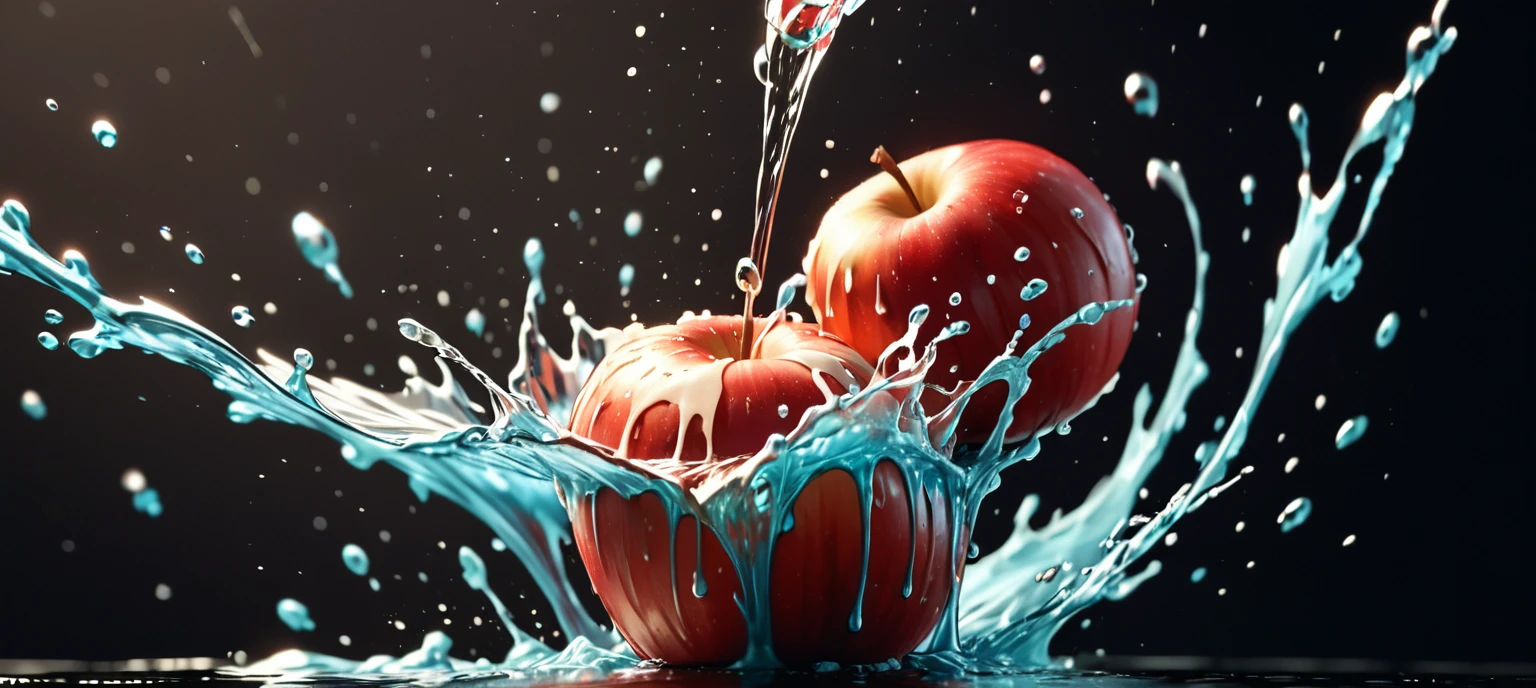 a close up of a red apple with water splashing off it, slow - mo high speed photography, high speed photography, super high speed photography, professional fruit photography, red apple, 4 k hd wallpapear, splashing, water splashing, super slowmotion, profile pic, simulation of water splashes, pouring, product photography 4 k, water particules