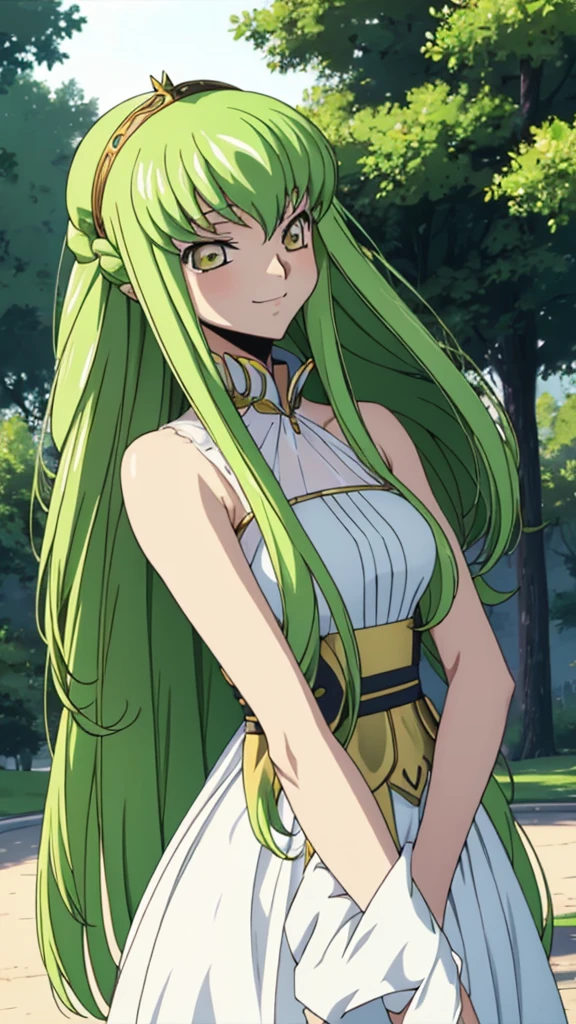 Score_9, score_8, score_7, code Geass_anime, C.C., lime hair and gold eyes, high bun hair, white long dress, smile, cute, park, dusk, best quality, masterpiece+