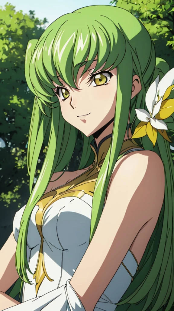Score_9, score_8, score_7, code Geass_anime, C.C., lime hair and gold eyes, high bun hair, white long dress, smile, cute, park, dusk, best quality, masterpiece+