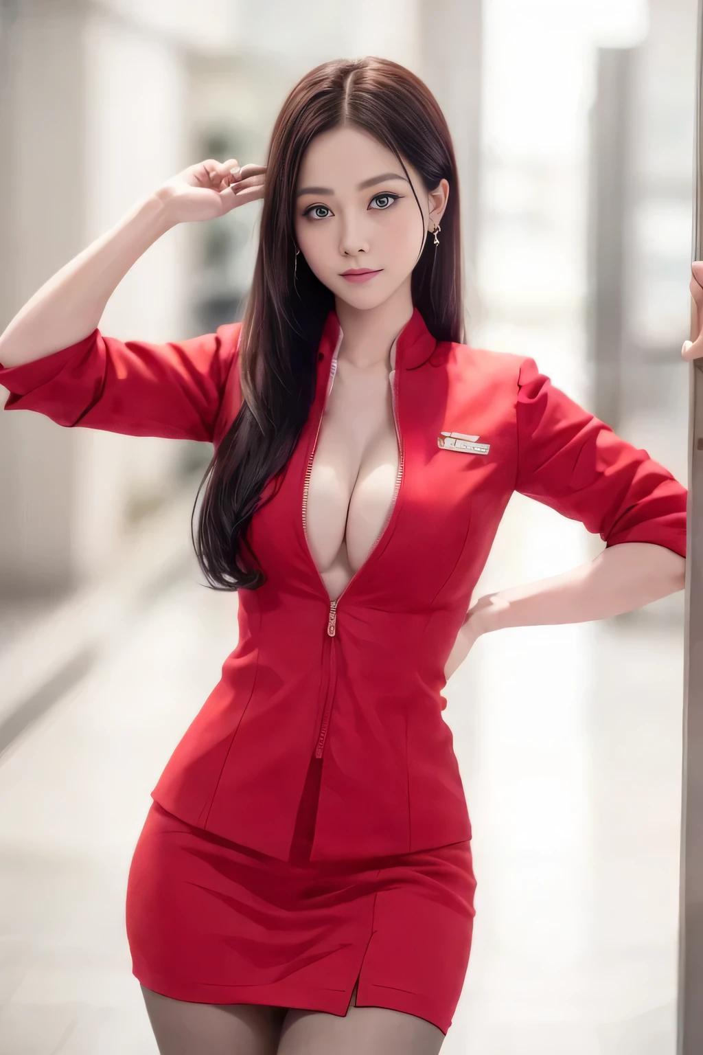 (masterpiece:1.2, Highest quality:1.2), 32k HDR, High resolution, (alone, 1 Girl), (AirAsia stewardess uniform realistic style), A proper woman, Beautiful Face, Brown Hair, (Long hair down to the legs), (Red jacket:1.1, Unzipped jacket, Unbuttoned white shirt:1.05, Red mini skirt:1.1, pantyhose),(Showing big through cleavage in unbuttoned white shirt)、(long hair that reaches down to the legs)、Perfect slim body:1.1, Huge breasts, huge breasts cleavage, Detailed skin texture, Beautiful Eyes, (Attractive look:1.2), necklace、Earrings、(forward leaning posture:1.5), On the roof of a building, Rooftop at daytime,Blue eyes、Hands should be lowered