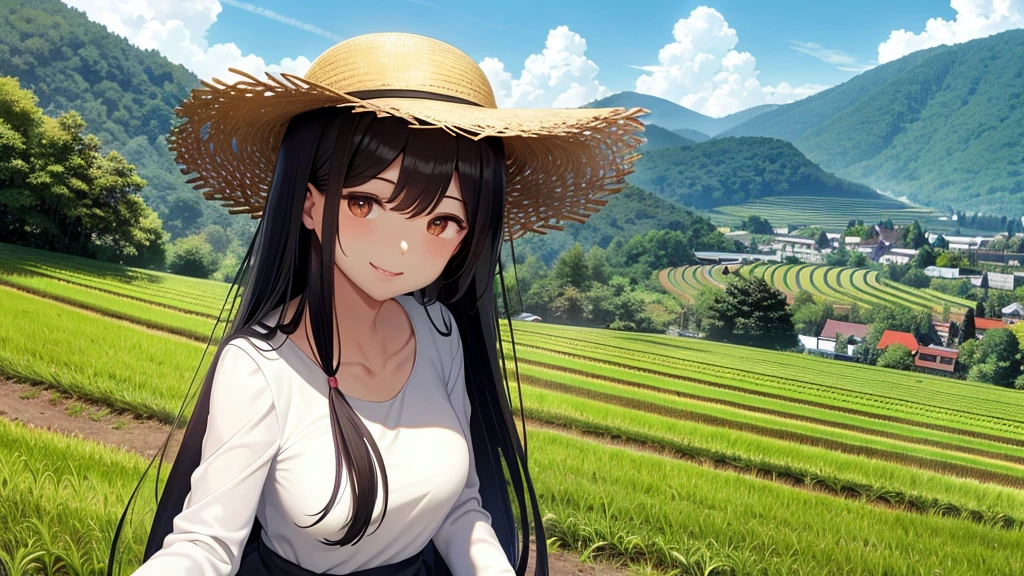 View from the summit,Small seedlings growing in rice paddies,Rice cultivation,Rice transplanter,masterpiece,Long black hair,Large Breasts,Brown eyes,smile,Straw hat,White dress