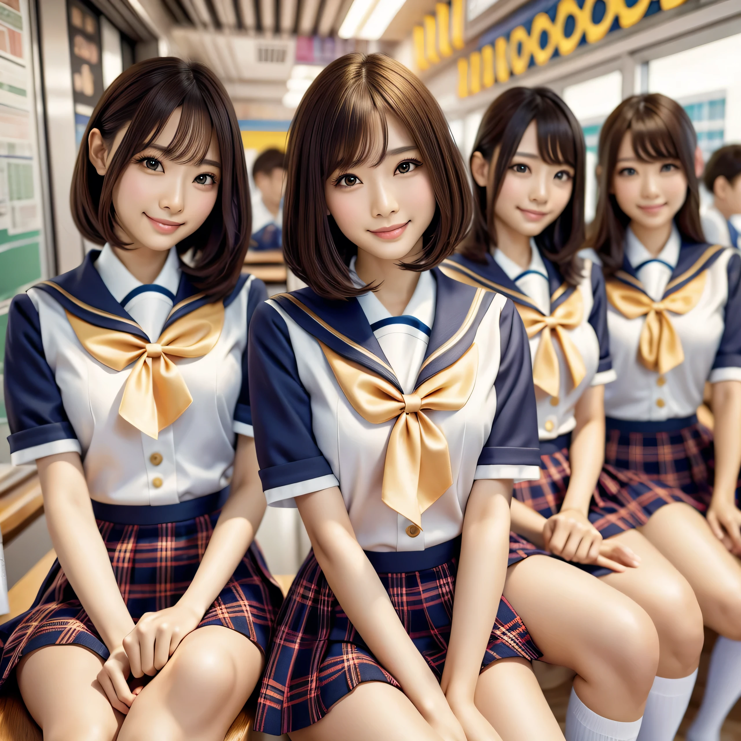 (best quality, masterpiece:1.5), (ultra-detailed, realistic:1.37),4K,(5woman:1.5),japanese,cute,beautiful,(school uniform:1.2),(miniskirt),high socks,smile,sitting,(gold curly hair)