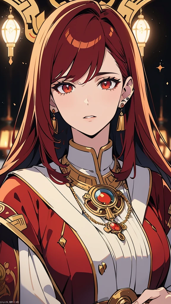A handsome young man, 23 years old, with vibrant red hair, wearing traditional Arabic clothing, (best quality,4k,8k,highres,masterpiece:1.2),ultra-detailed,(realistic,photorealistic,photo-realistic:1.37),portrait,highly detailed face, piercing eyes, sharp nose, full lips, long eyelashes, ornate textile patterns, dramatic lighting, warm color tones