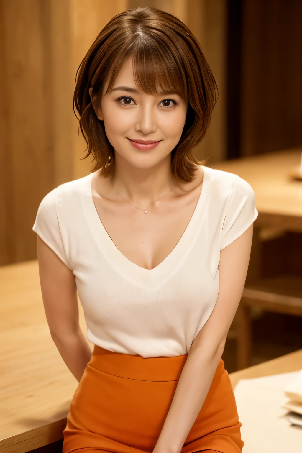 Realistic, Tabletop, Highest quality, RAW Photos, Face Focus, elegant, (One Woman), 28 years old, (A loose white V-neck knit), (Orange tight skirt), (Brown Hair), (bangs), (Straight hair), (short hair), (Look up at the camera), Beautiful Face, (Fearless Smile), (Shapely bust),Cleavage, Perfect Anatomy, Perfect balance, Detailed human body