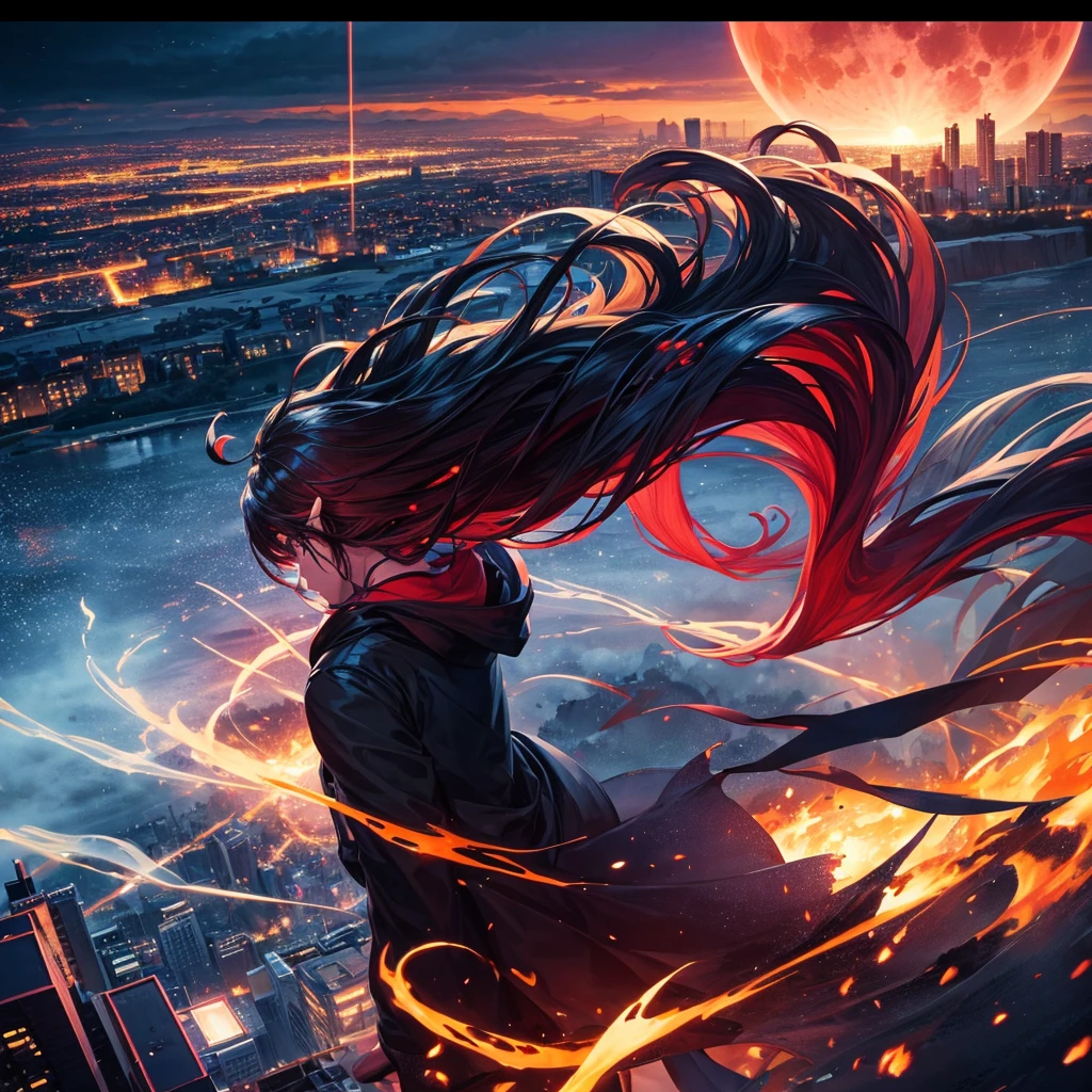 Dark night over the city, Red Moon, Red Moon with energy flow, energy tide, bad feeling, landscape, don&#39;t want humans, There is energy flowing, Highly realistic, 4K, Chiaroscuro, Super high details waiting to begin