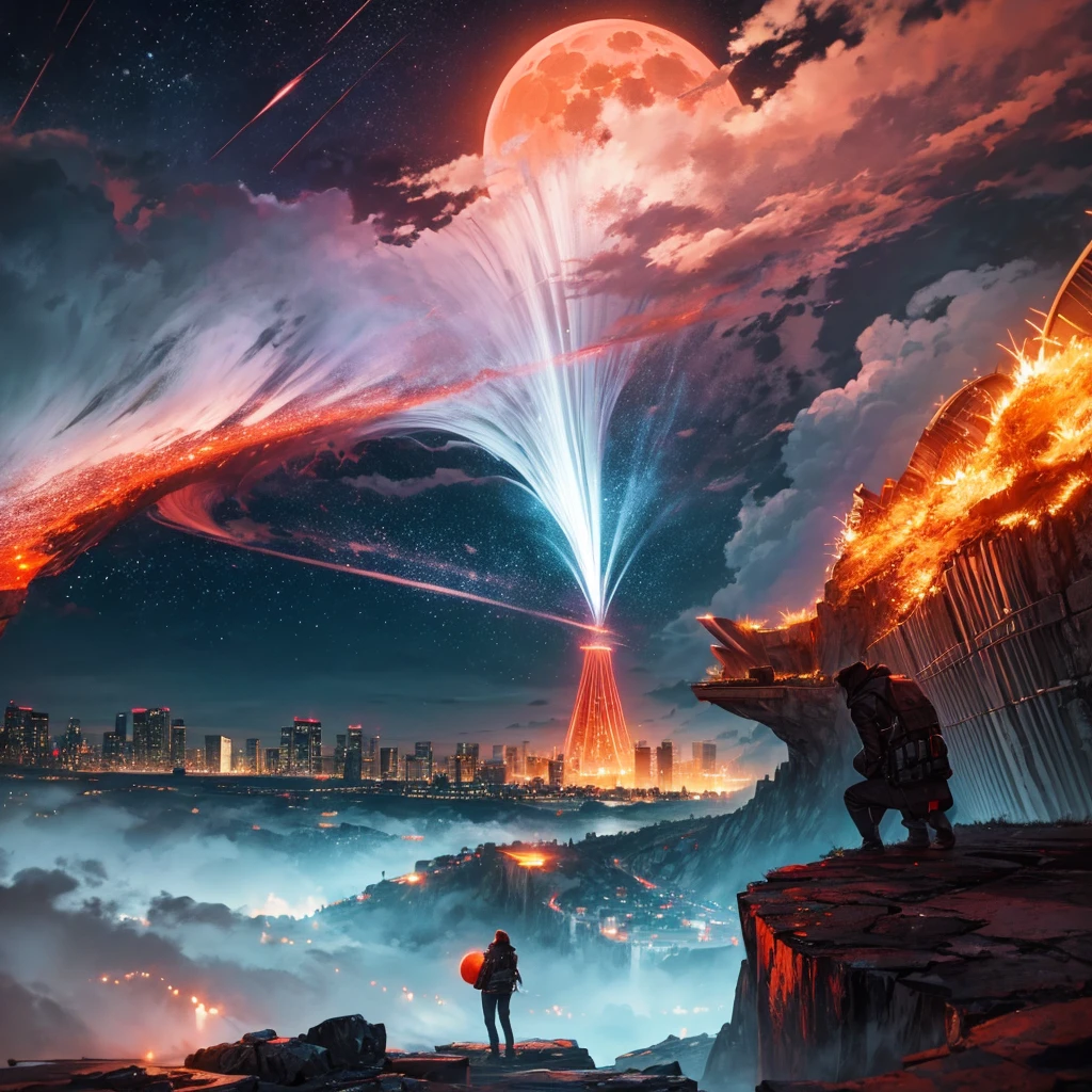 Dark night over the city, Red Moon, Red Moon with energy flow, energy tide, bad feeling, landscape, don't want humans, There is energy flowing, Highly realistic, 4K, Chiaroscuro, Super high details waiting to begin