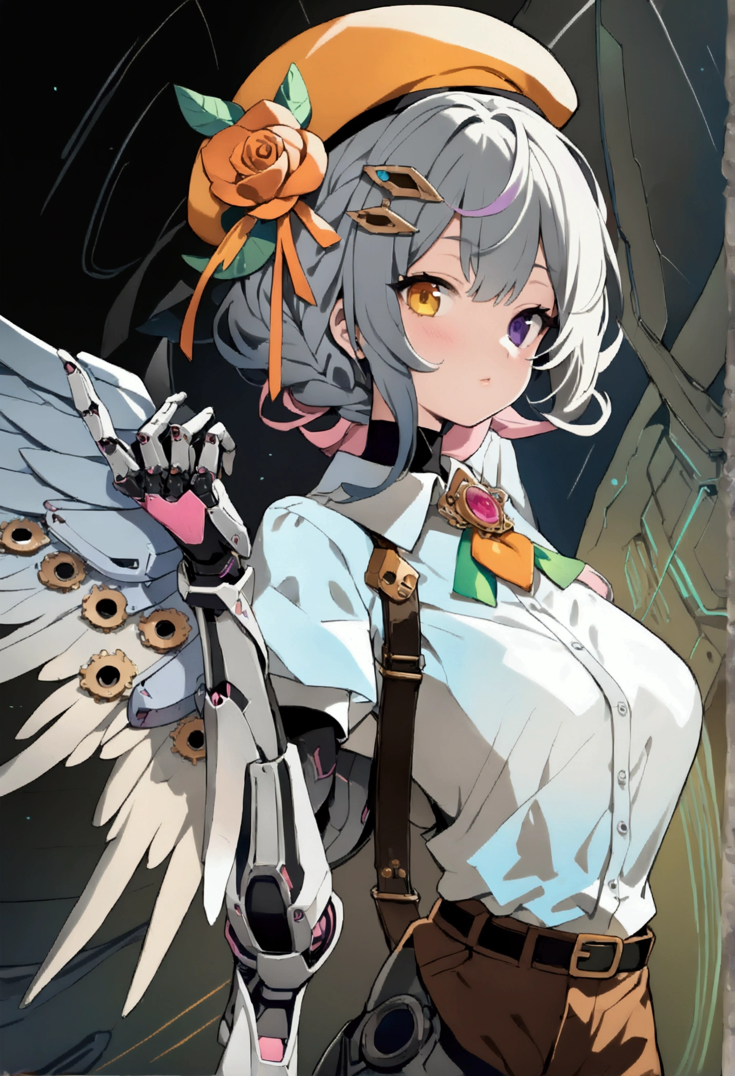 woman 165cm tall, slim build, , charming look, ((heterocromia: look like, derecho naranja y look like izquierdo violeta)), (Shoulder Length Wavy Gray Hair, a short braid on the left side of the hair, big open bangs, golden gear hairpin in hair), (((complex mechanical legs up to the hip, The legs are black with gray parts with small pink details))), (((complex mechanical arms up to the elbows, The arms are black with gray parts with small pink details))), (complex white mechanical angel wings with pastel green parts), (elegant black French beret with an orange rose ribbon), (stylish white short sleeve button down shirt, dark brown shorts from the waist, elegant black belt, small rose brooch on the neck, beautiful mechanical stiletto heels), (((character design sheet: Front view))), extremely detailed beautiful hair, beautiful detailed clothing, extremely detailed arms, extremely detailed face, (Extremely detailed hands), perfect hands, small face, hermosos look likes detallados, beautiful detailed lips, adorable, extremely detailed legs, (Best Quality, 8k, ultra resolution), ultra detailed, Exquisite and epic character art, ((Pastel yellow background)), (Focus on symmetry), (extremely detailed wings), (((Detailed full body concept art))).