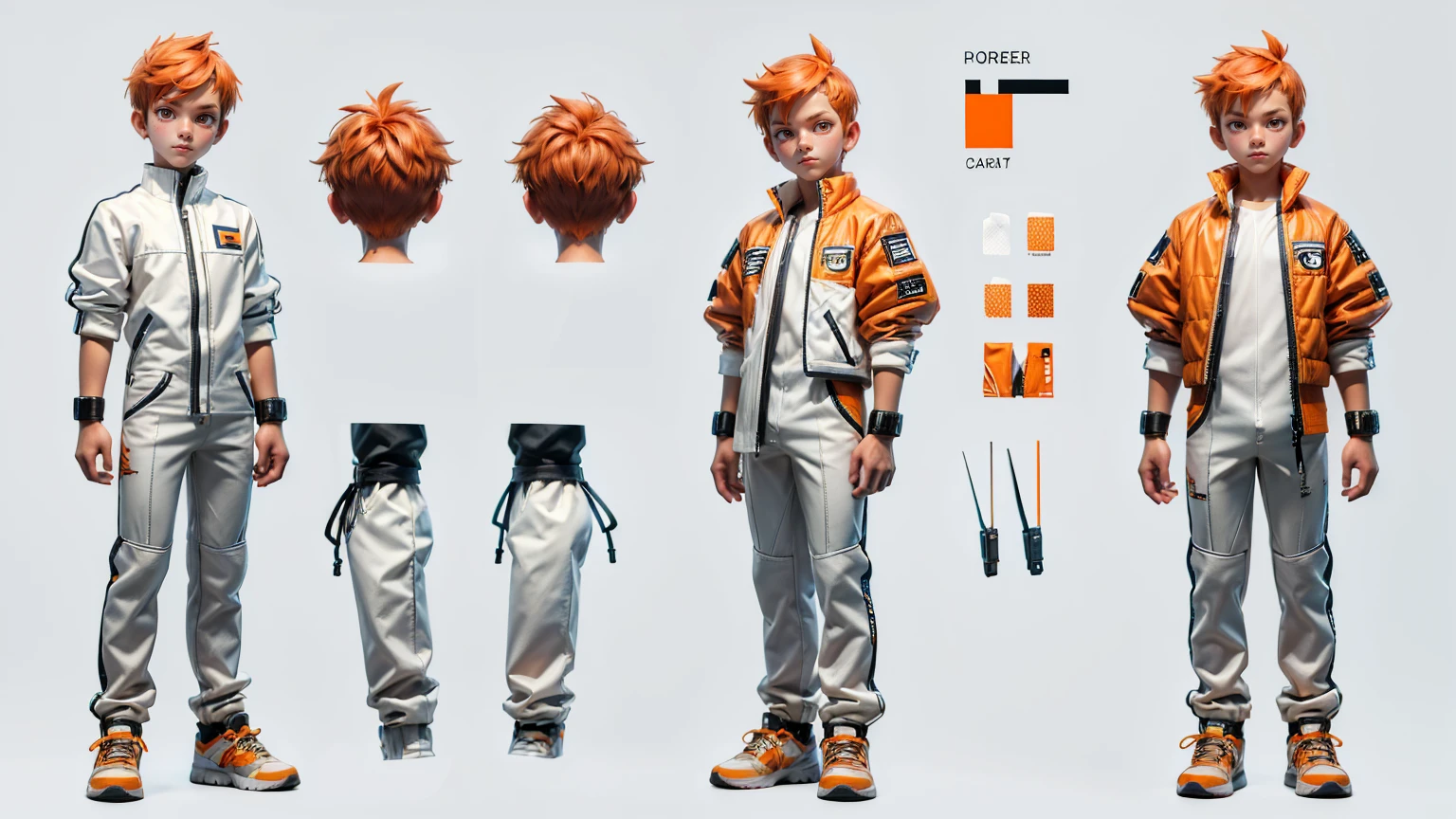 cute face boy, cute face, short height boy, wearing casual futuristic white color pent, white dress, full standing pose, Taper Fade hairs, orange Taper Fade style hair, orange hairs, sports shoes, Character Sheet, 12 yo student, Full body, Simple white background, front pose character reference sheet, Concept art, design sheet