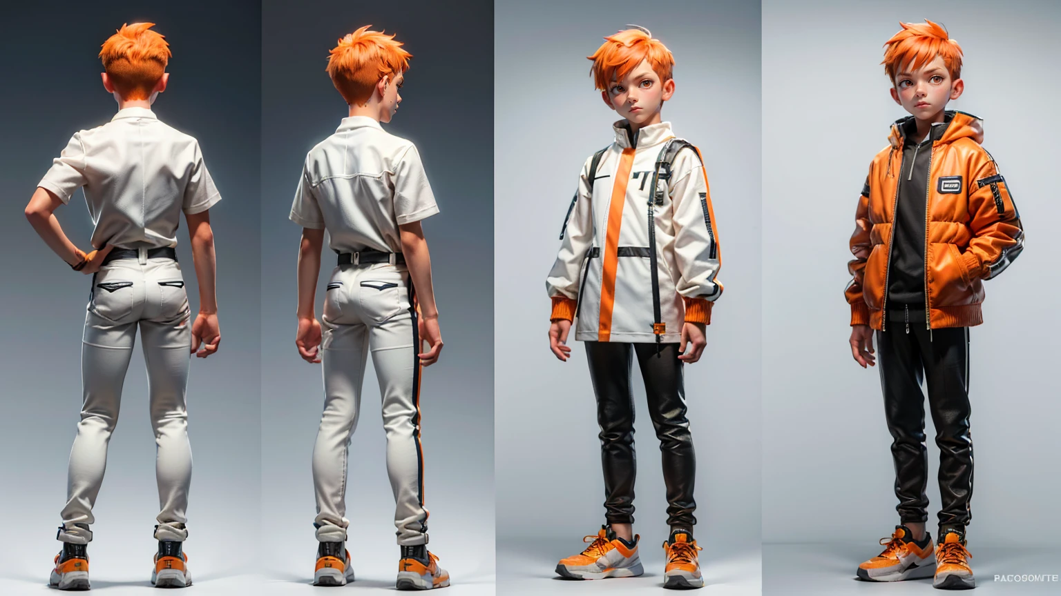 cute face boy, cute face, short height boy, wearing casual futuristic white color pent, white dress, full standing pose, Taper Fade hairs, orange Taper Fade style hair, orange hairs, sports shoes, Character Sheet, , Full body, Simple white background, front pose character reference sheet, Concept art, design sheet