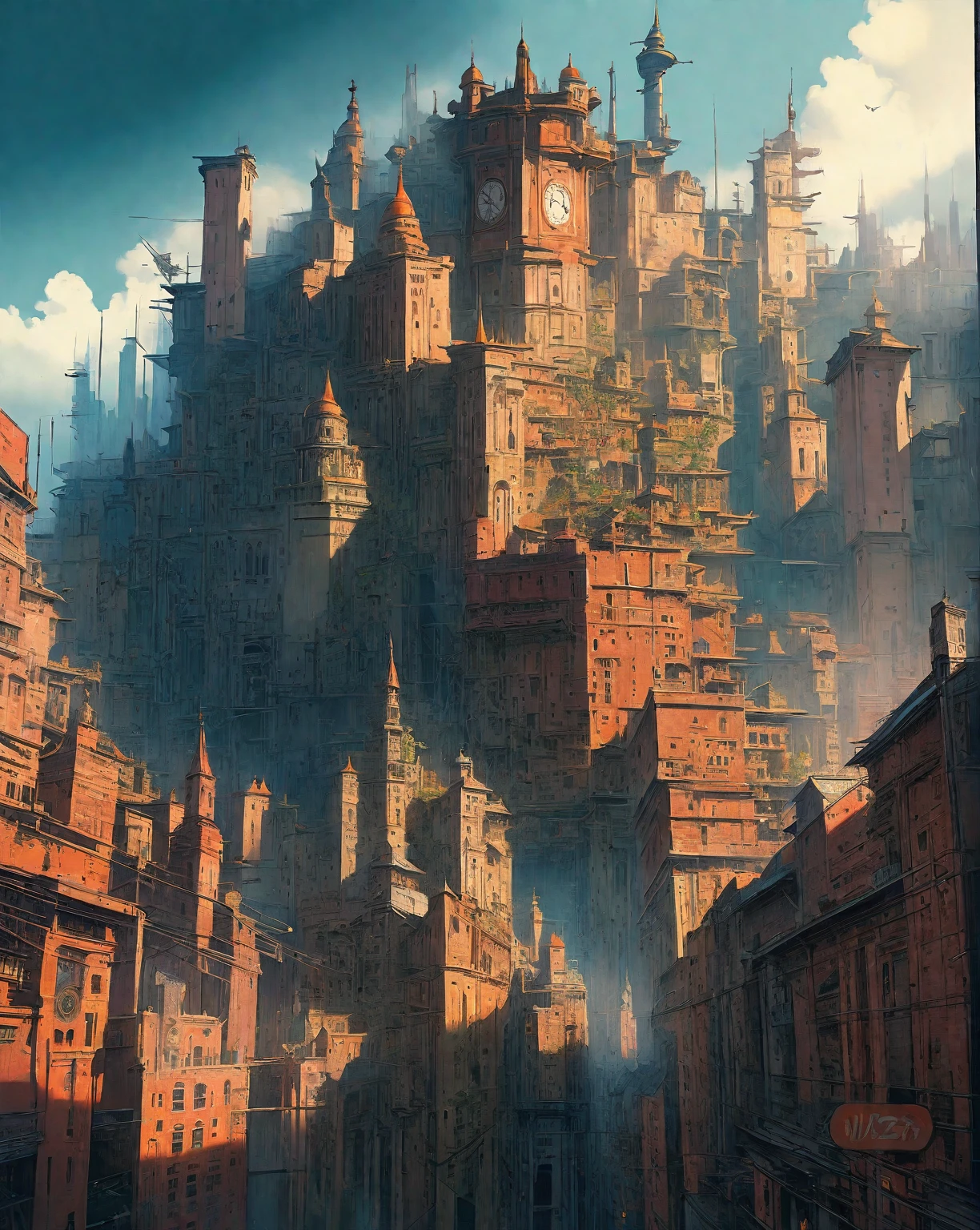 there is a drawing of a city with a clock tower, insanely highly detailed artwork, realistic painting of a complex, complex layered composition!!, expansive detailed layered city, realistic intricate concept art, big and structured valhalla city, multi layered huge architectures, insanely detailed art, atelier olschinsky, intricate cyberpunk city, intricate matte painting, intricate concept art