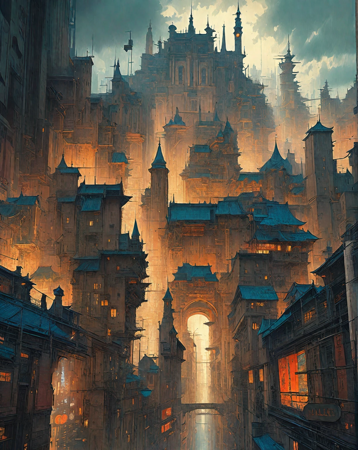 there is a drawing of a city with a clock tower, insanely highly detailed artwork, realistic painting of a complex, complex layered composition!!, expansive detailed layered city, realistic intricate concept art, big and structured valhalla city, multi layered huge architectures, insanely detailed art, atelier olschinsky, intricate cyberpunk city, intricate matte painting, intricate concept art