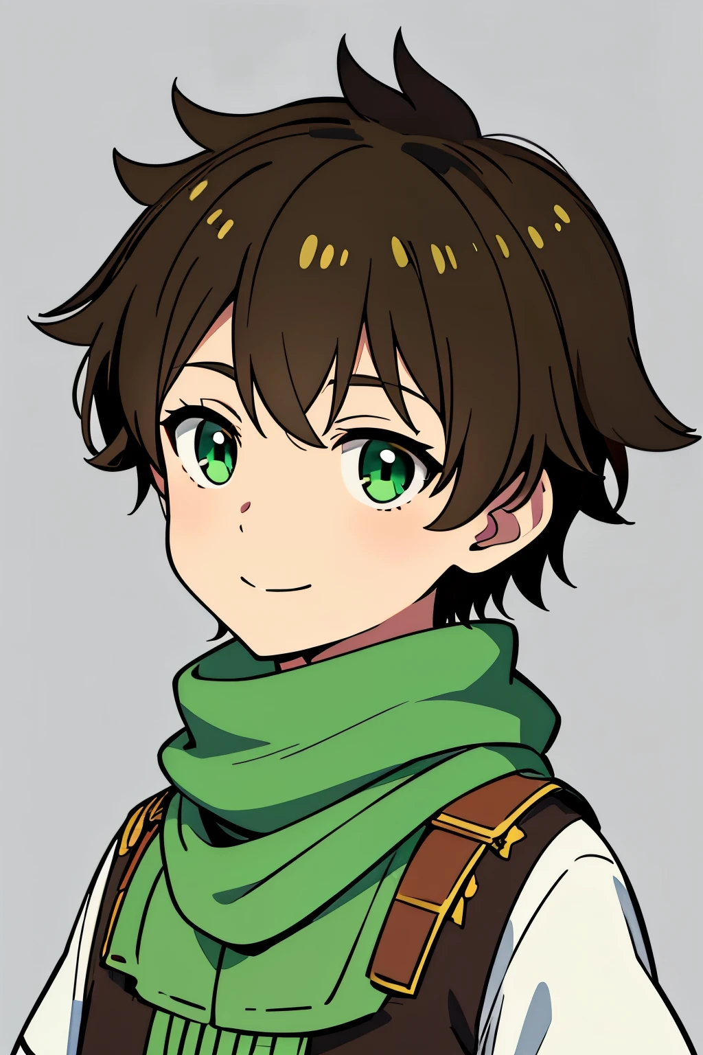 (high-quality, breathtaking),(expressive eyes, perfect face) 1boy, male, solo, toddler age, short height, chibi style art, age 5, dark brown color hair, green eye color, spiky fluffy hair, wavy hair, short hair length, cute smile, cute face, childlike face, white tunic, green trim, green scarf, Symmetrical Eyes, portrait, positive expression, grey background, greek clothes, ancient Greek clothes