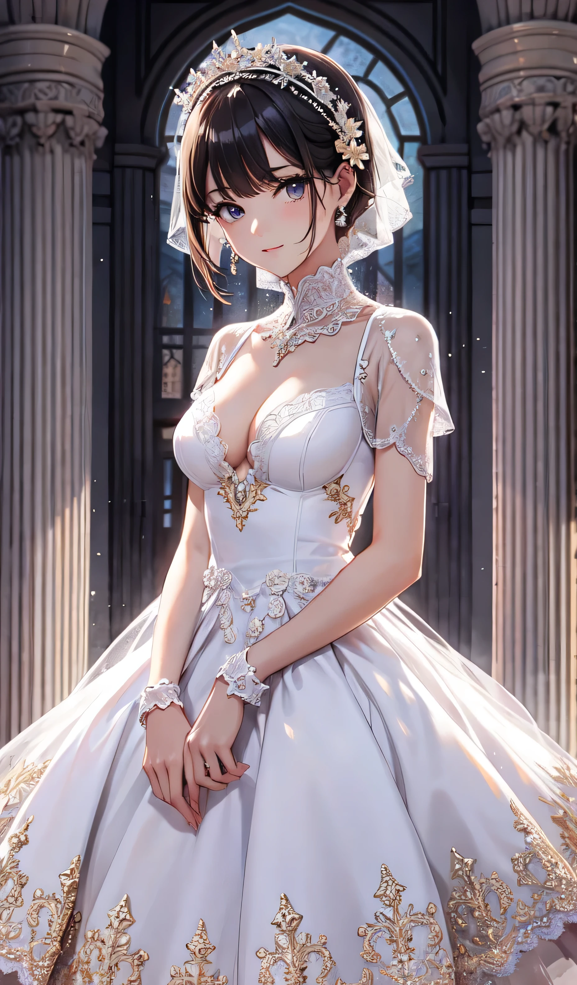 beautiful detailed girl, clear and beautiful, wedding dress, short hair,