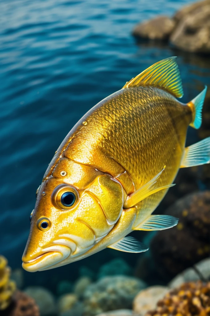 realistic image of fish with bettle head with colorful colors of gold and blue. shining and wet. cought by fisherman on a clear water lake