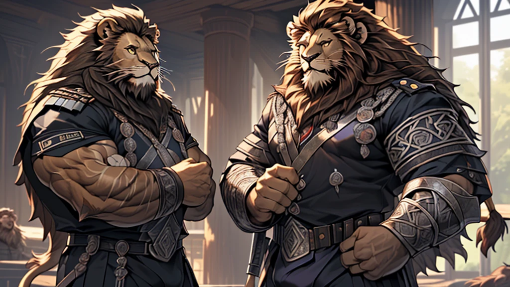 (masterpiece),(highres),(intricate details:1.4),extremely detailed,(illustration:1.2),8k,photorealistic,exquisite,(daddy:1.5),aged,(elder male lion:1.7),muscular,(Viking warrior:1.5),(brave and powerful:1.5),manhood,warrior,long hair,long beard,(numerous scars),(bulging crotch:1.8),(homosexual:1.5),(roaring:1.5),(a uniform that fits snugly against the body:1.6)