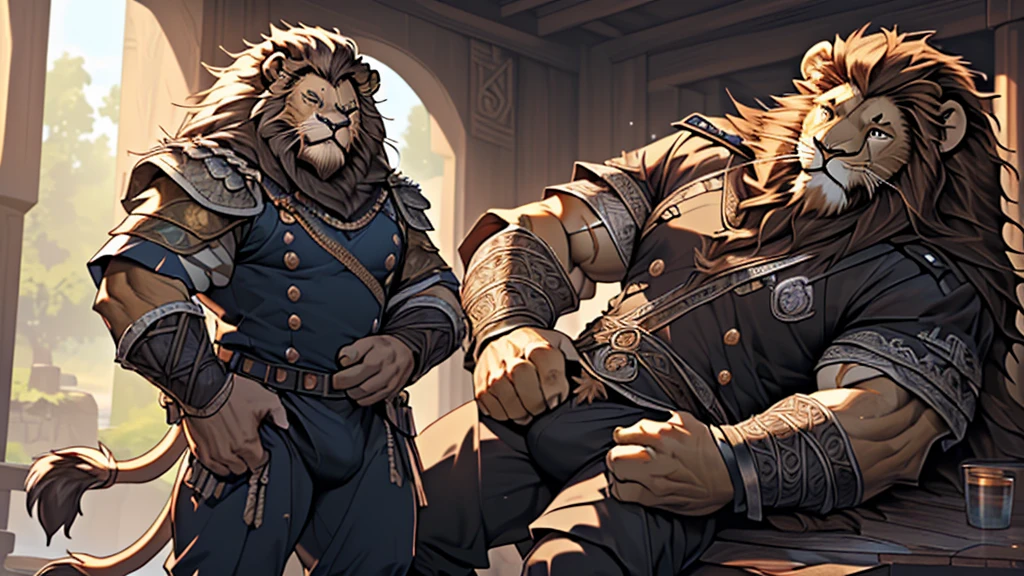 (masterpiece),(highres),(intricate details:1.4),extremely detailed,(illustration:1.2),8k,photorealistic,exquisite,(daddy:1.5),aged,(elder male lion:1.7),muscular,(Viking warrior:1.5),(brave and powerful:1.5),manhood,warrior,long hair,long beard,(numerous scars),(bulging crotch:1.8),(homosexual:1.5),(roaring:1.5),(a uniform that fits snugly against the body:1.6)