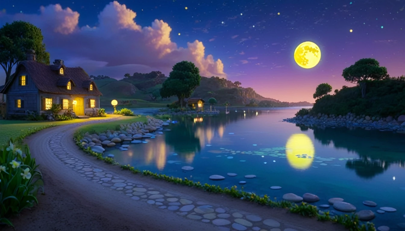 A beautiful calm and peaceful lagoon that reflects the brightness of the stars and moonlight, the stars and the moon have a yellow hue in a starry sky at the bottom of the lagoon cutting horizontally through the landscape we see a little road made of shiny pebbles that passes in front of the little house of a farm. disney pixar style