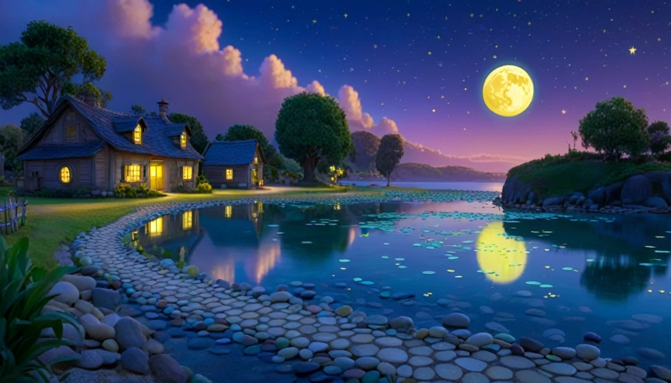 A beautiful calm and peaceful lagoon that reflects the brightness of the stars and moonlight, the stars and the moon have a yellow hue in a starry sky at the bottom of the lagoon cutting horizontally through the landscape we see a little road made of shiny pebbles that passes in front of the little house of a farm. disney pixar style