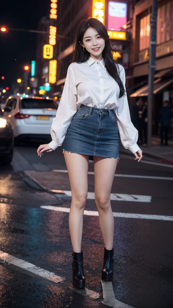 ground view, giantess city, A huge girl who is 500 feet tall., skyscrapers, incredibly long legs, stepping on the crowd, many people on the street, a pair of huge tits, black hair down to waist, wet white shirt, Short skirts that show panties, looking happy, standing on a broken car, burning street, beautiful appearance, exquisite makeup，quality，8k，高quality，perfect proportions, Cinema Lighting，film grain，8k，textured skin，super detail，high detail，high quality，high resolution，To explode，fake laugh