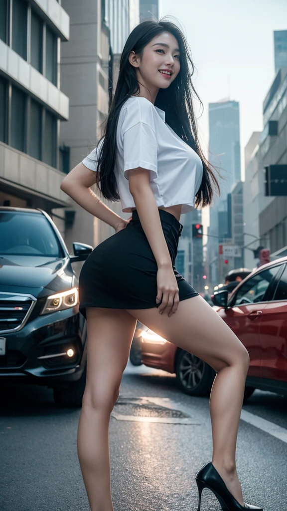ground view, giantess city, A huge girl who is 500 feet tall., skyscrapers, incredibly long legs, stepping on the crowd, many people on the street, a pair of huge tits, black hair down to waist, wet white shirt, Short skirts that show panties, looking happy, standing on a broken car, burning street, beautiful appearance, exquisite makeup,quality,8k,高quality,perfect proportions, Cinema Lighting,film grain,8k,textured skin,super detail,high detail,high quality,high resolution,To explode,fake laugh
