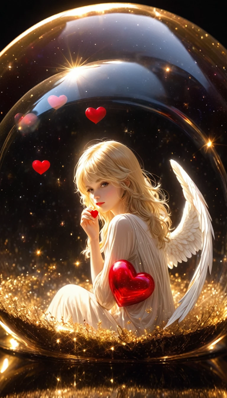 In a golden transparent glass bubble, Dark Star Background, Beautiful blonde 30 year old angel with a red heart, k resolution super detailed