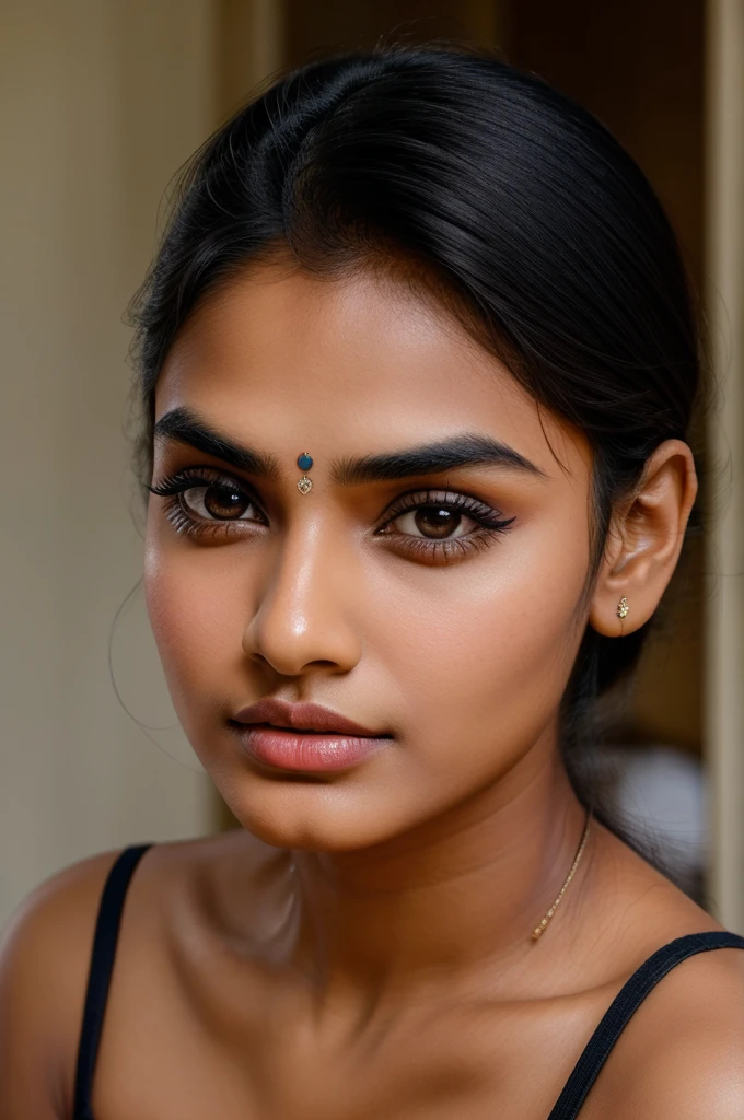 Indian girl with sharp nose, a bit high cheekbones, medium lips, a bit thick eyebrows, big eyes, 