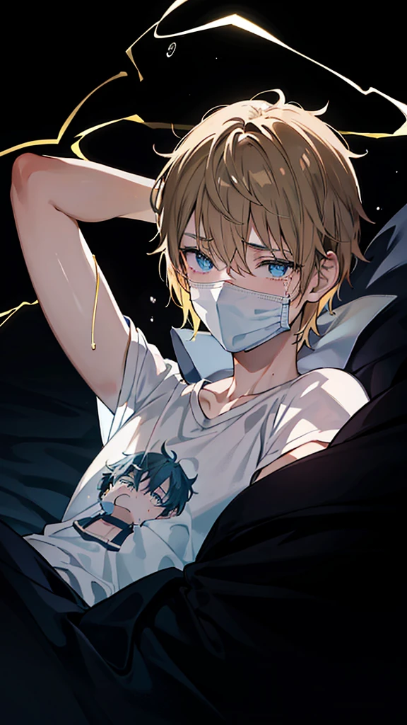 Create an image of a manga-style boy character lying on a bed. Wear a t-shirt that glows from a mobile phone placed face down on your chest. The character is covering his face with his palms and appears to be crying. The background is dark and simple.