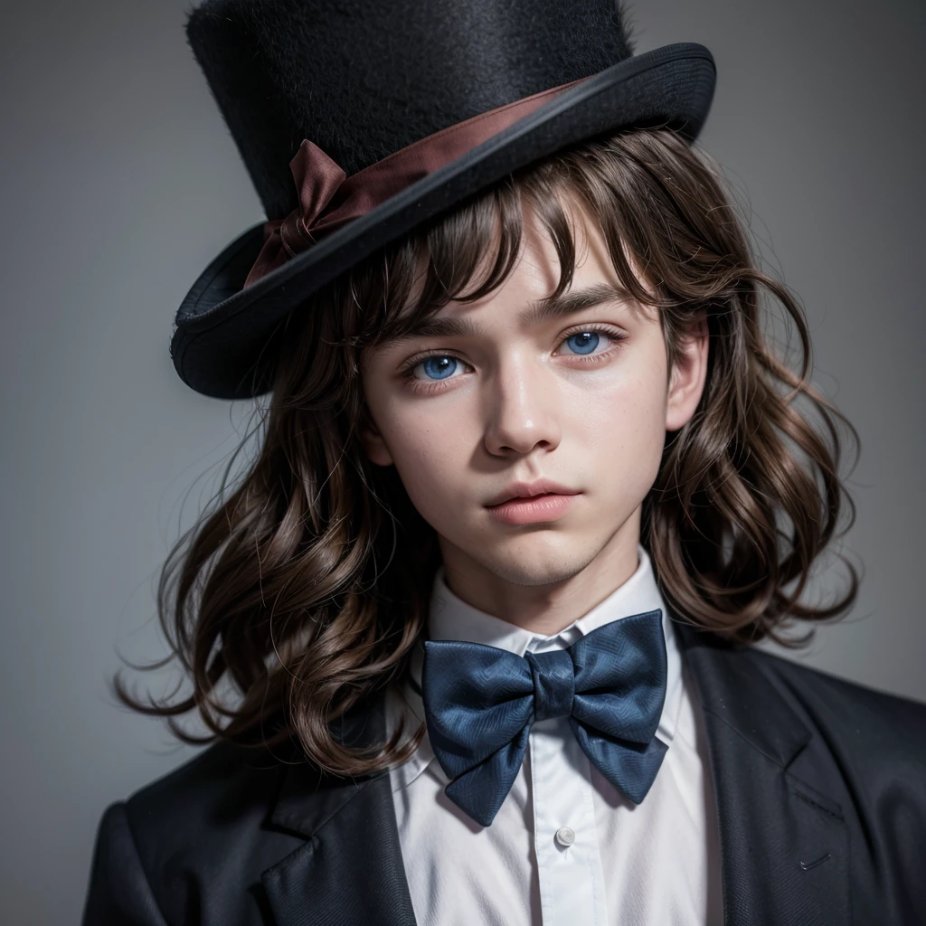 Boy, curly brown hair, blue eyes, bear ears, top hat, black bow tie