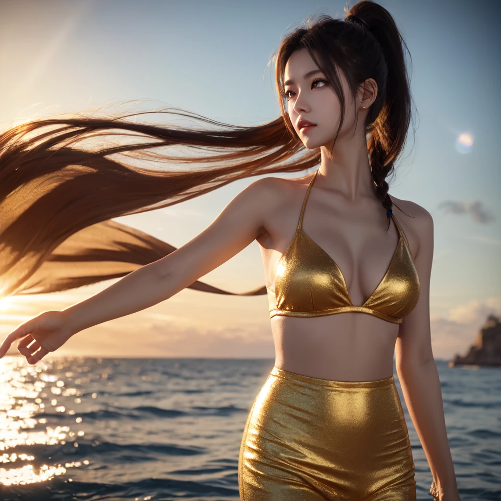 solo, High resolution, ponytail, chest, Golden Eyes,With the sea in the background,Lens flare, 3D Rendering,