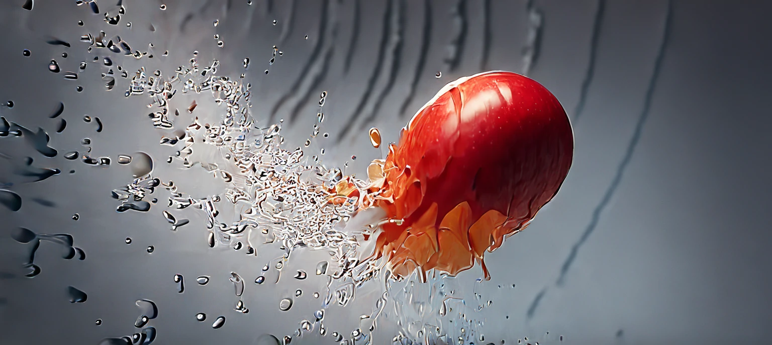 a close up of a red apple with water splashing off it, slow - mo high speed photography, high speed photography, super high speed photography, professional fruit photography, red apple, 4 k hd wallpapear, splashing, water splashing, super slowmotion, profile pic, simulation of water splashes, pouring, product photography 4 k, water particules